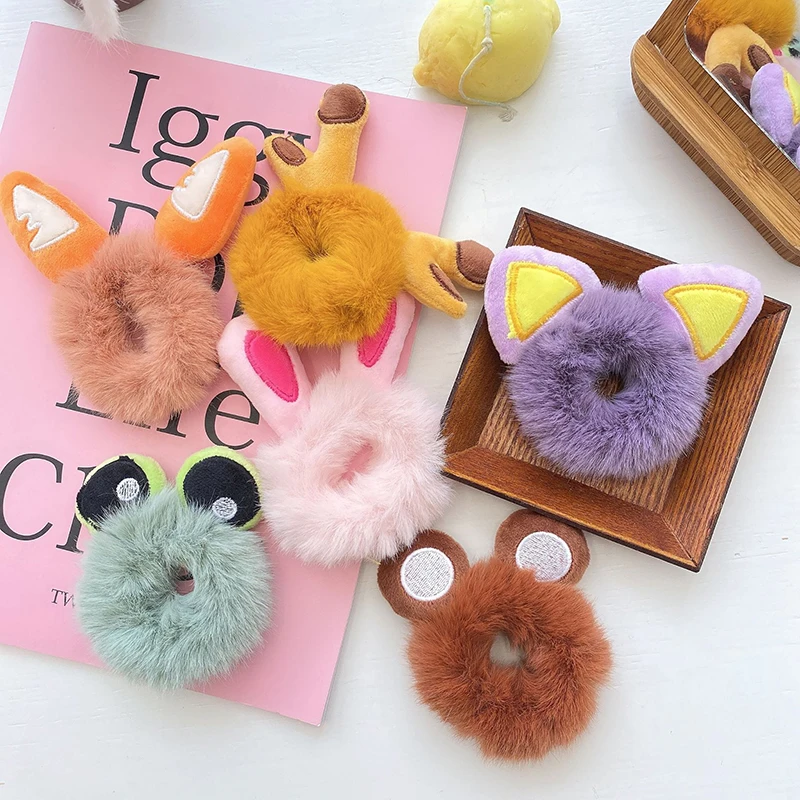 

New Hot Sale Hair Accessories Fake Fur Hair Rope Cute Bear Scrunchies Women Girls Elastic Rubber Bands Kids Headwear