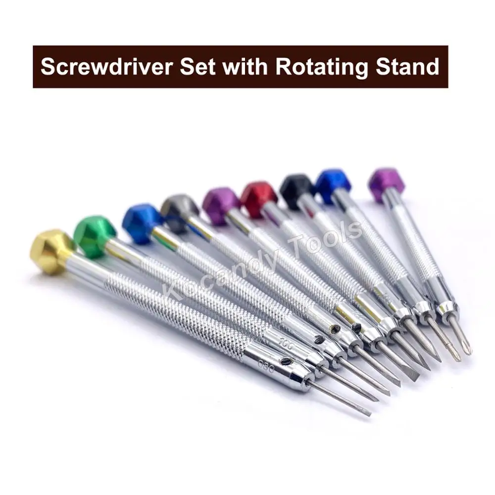 Watch Repair  9 pcs Screwdriver Set  with Rotating Stand and Replacing Tips Flat Head and Phillips Head Watch Tool Kits