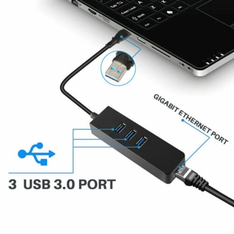 

3 Ports USB 3.0 Hub Gigabit Ethernet Lan RJ45 Network Adapter to 1000Mbps PC