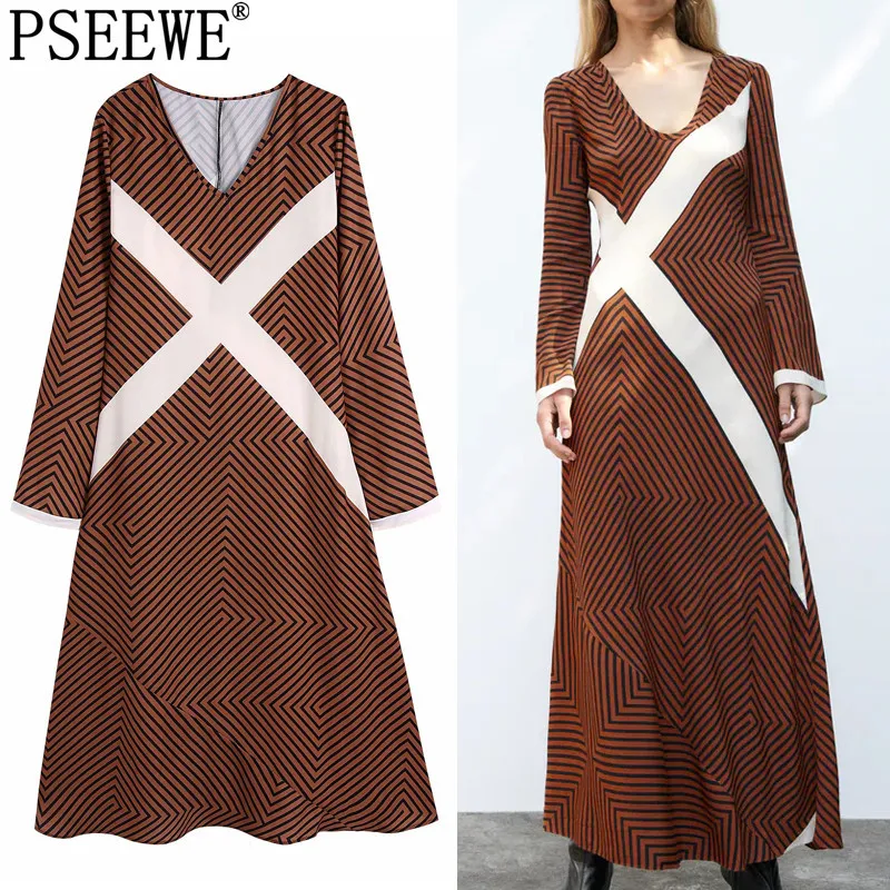 

PSEEWE Za Striped Long Dress Women Brown Vintage Midi Dress Woman 2021 Long Sleeve Elegant Autumn Dresses Casual Dresses