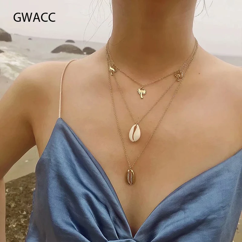 

INKDEW Bohemian Layer Shell Collar Choker Necklace for Women Gold Silver Real Shell Conch Tree Pendant Statement Necklace