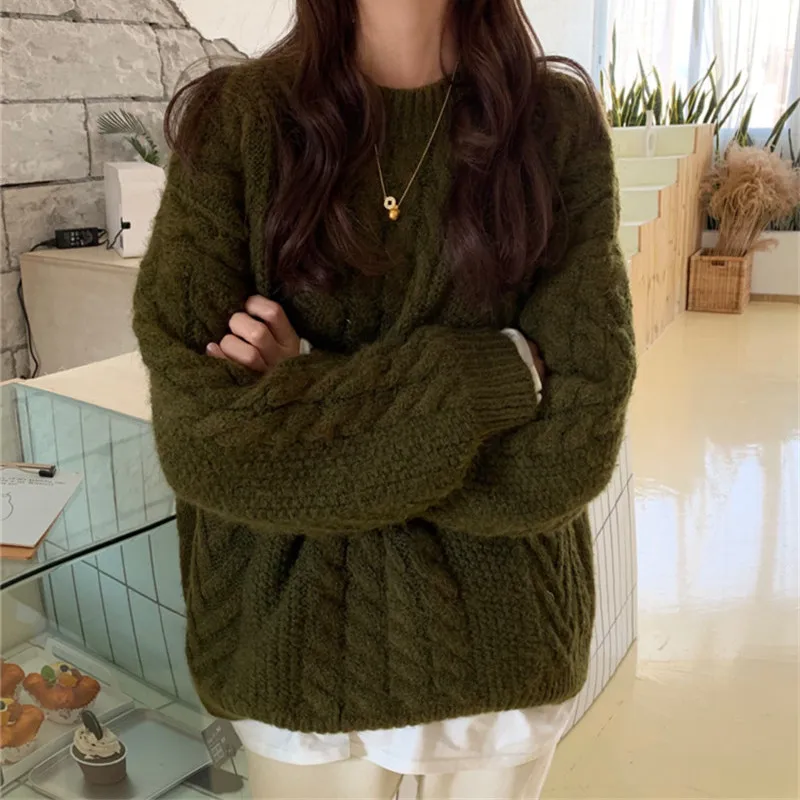 Женский вязаный свитер Hzirip толстый теплый пуловер с круглым вырезом винтажный