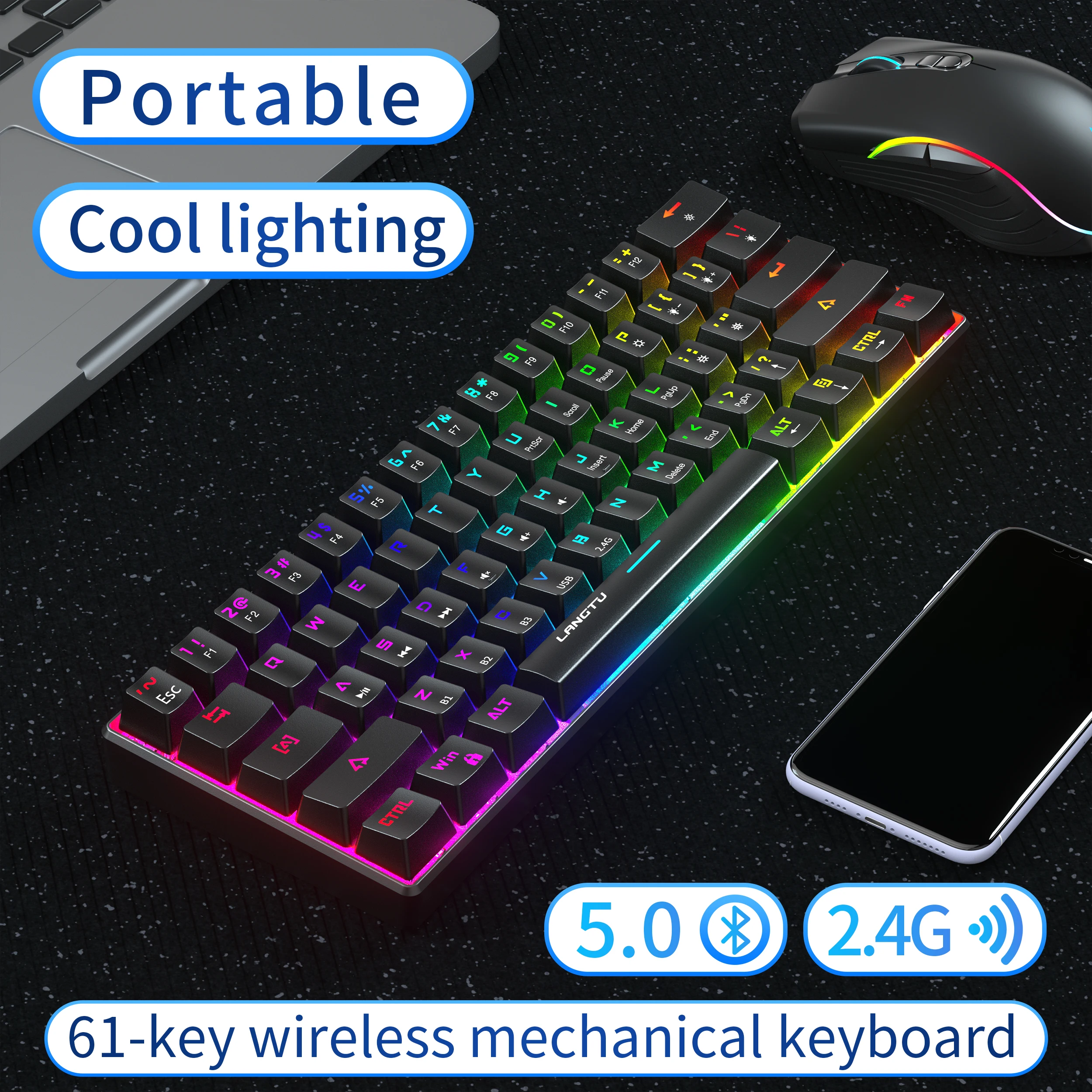 

Клавиатура игровая механическая, 61 клавиша, BT 5,0/2,4 ГГц/USB, три режима, RGB подсветка, синяя ось, офис 365, teclado bluetooth