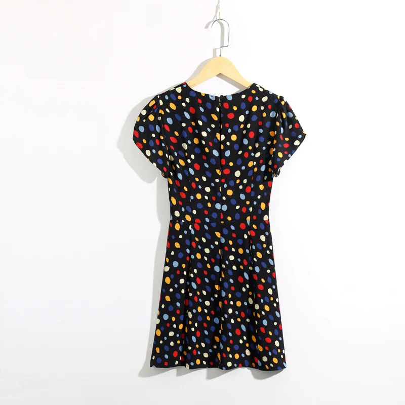 

Women Casual Summer Dress Colored Dots Printed Round Neck Short Sleeve Dress Slim Vestidos Woman Dress White Dress