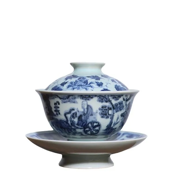 Guiguzi abajo la monta&ntilde;a habitaci&oacute;n creaci&oacute;n imitaci&oacute;n Ming azul y blanco dibujar a mano tres tueen-2