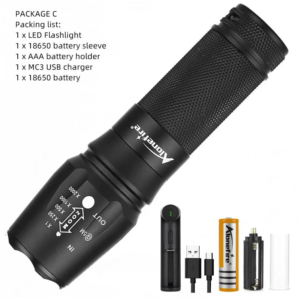 Package C AloneFire X800 CREE Мощный XP-L V6 T6 светодиодный фонарик с зумом 12 Вт супер яркий Troch Home work для 18650 26650 литий-ионный аккумулятор - Испускаемый цвет: Package C