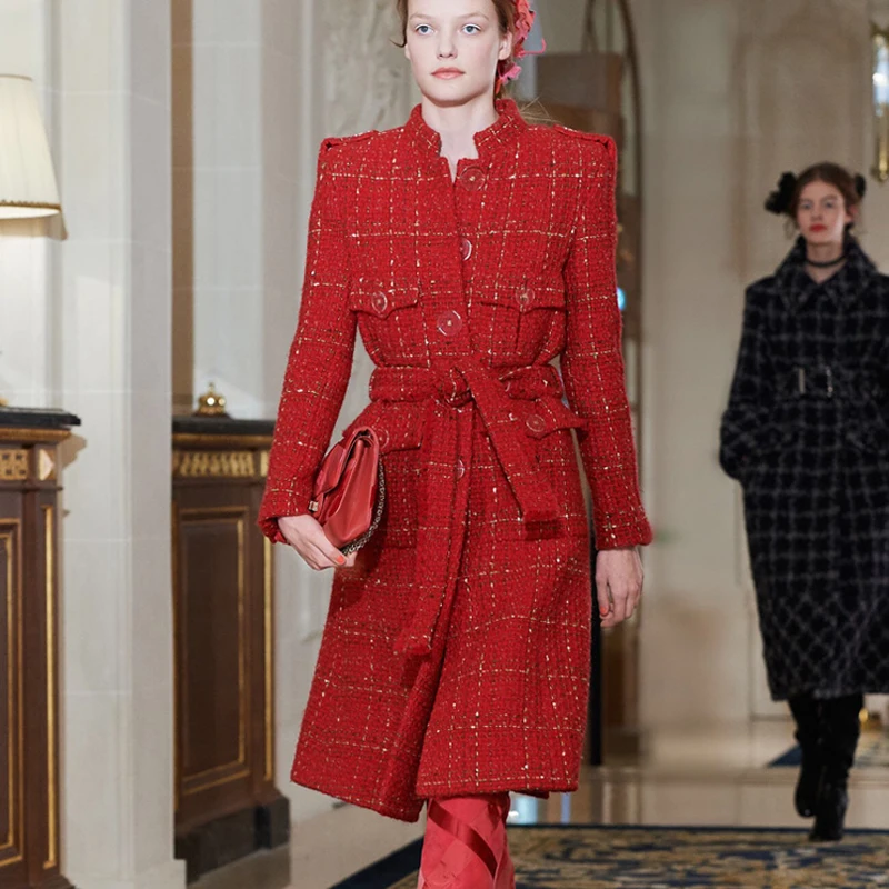 Женское шерстяное пальто с поясом длинное однобортное в стиле милитари твидовая
