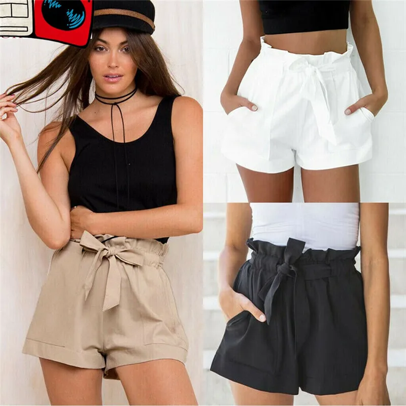 Новые Популярные Шорты однотонные женские с высокой талией карманная повязка