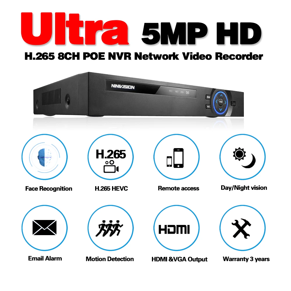 IP-камера видеонаблюдения H.265 H.264 4/8 каналов POE NVR P2P ONVIF 2 МП/5 МП сетевой