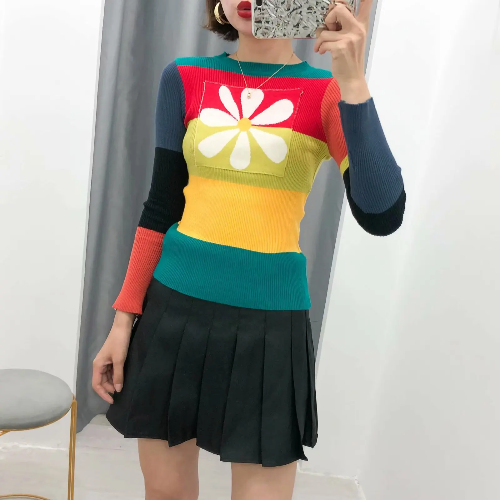 

Rainbow Colorful Stripe Sweater Women Casual Sweaters Autumn Fashion Knitwear Pullovers Jumper Pull Femme Flare Sleeve O-Neck