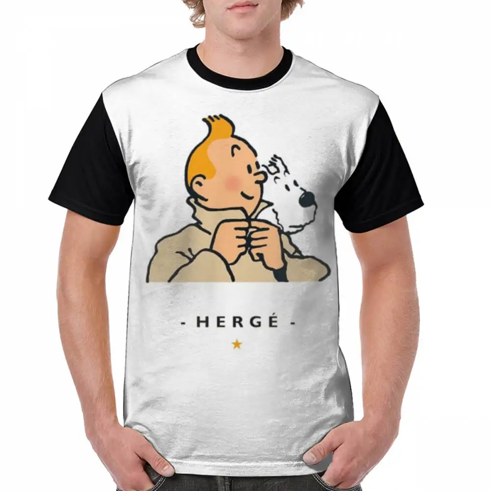 Футболка Tintin, трендовая футболка Tintin And Milou, футболка с коротким рукавом, большие размеры, графическая футболка, летняя Милая Мужская футболка из 100 полиэстера - Цвет: Черный