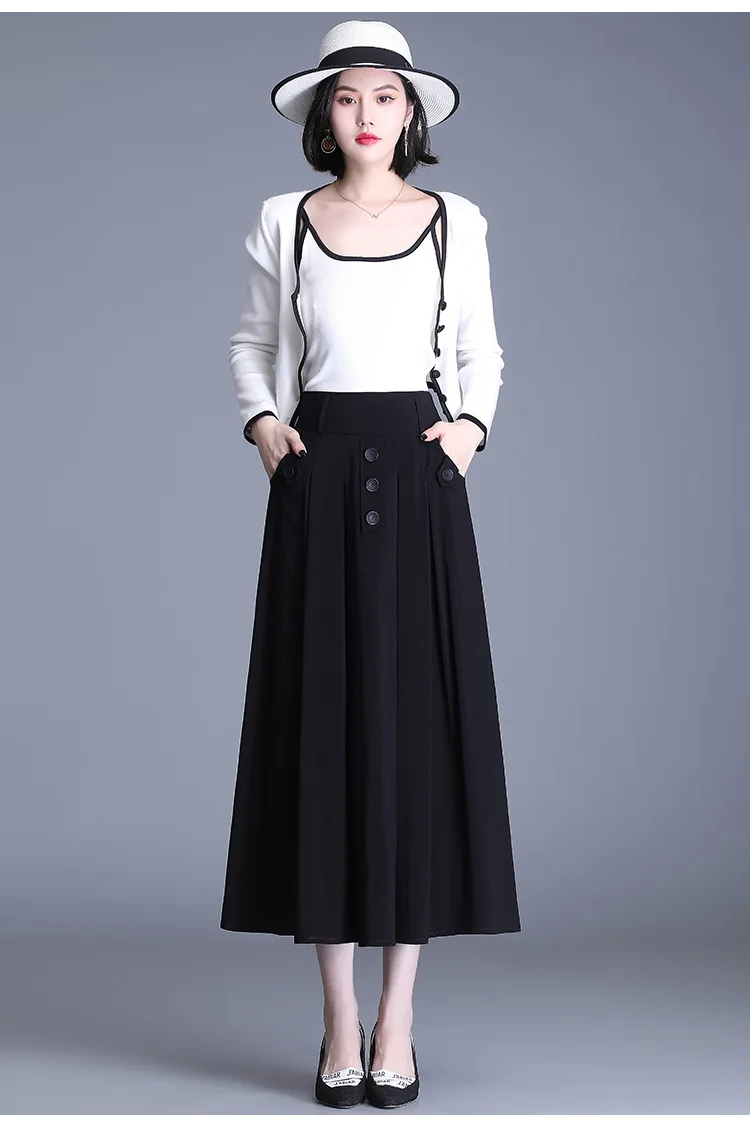 

Fashion Casual Big Swing High Waist Loose Black Long Skirt Spring Summer Women Elegant Plus Size Pleated Skirts Office Lady 8395