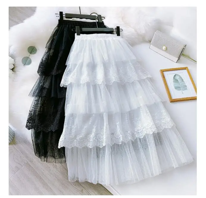 Spring New Sweet Lolita Cake Layered Long Mesh Skirts Princess High Waist Ruffled Lace Vintage Tiered Tulle Pleated Skirts