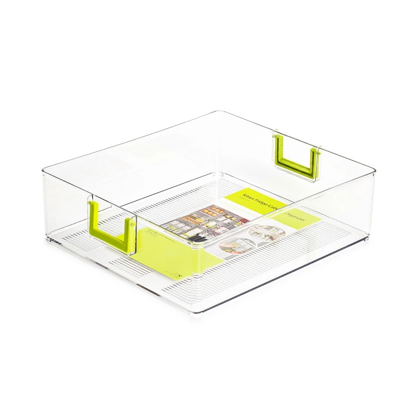 Новая прозрачная пластиковая организаторная корзина для хранения продуктов и напитков в холодильнике с ручкой для кухонного кладового помещения.