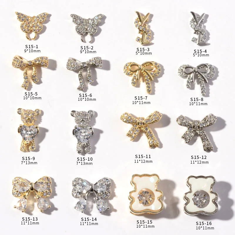 

Nail Art Jewelry Ornaments Zircon Holding Heart Bear Bow Super Flash Three-Dimensional Gold Electroplating Makeup Decorations