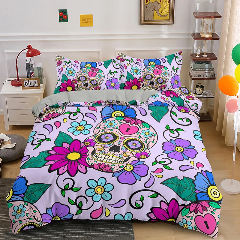 

3D Skull Print Duvet Cover Comforter Sea Shore Bedding Set Soft Microfiber Lightweight Zipper