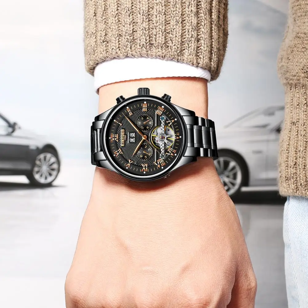 Роскошные мужские механические часы Tourbillon Kinyued Switzerland водонепроницаемые