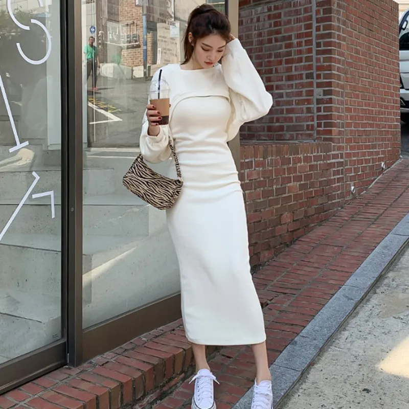 

Winter Knitted Vest Dress Women Two Pieces Sets Female Vintage Work Casual Suits Office Elegant Bottoming Long Autumn