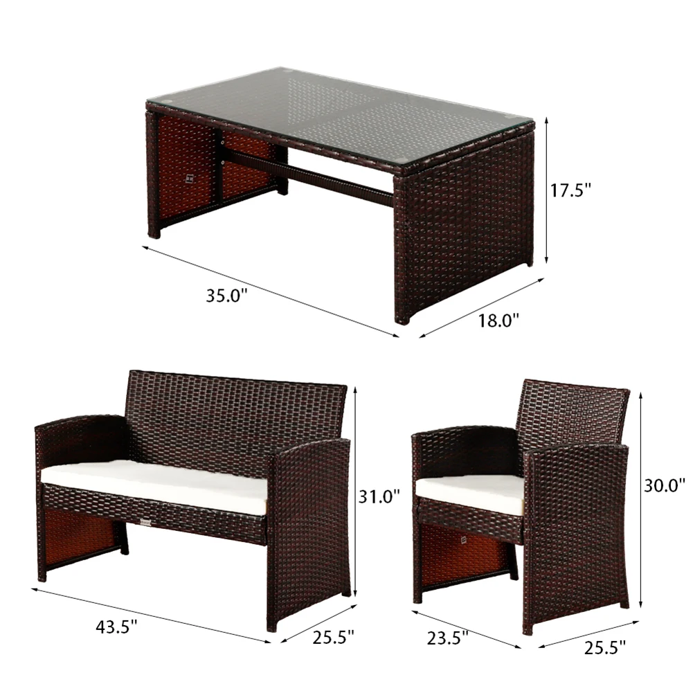 

Backyard Table Sets 4pcs Outdoor Rattan Chair Wicker Silk Tempered Glass Sofa Garden Bistro Furniture Yard UV Resistant