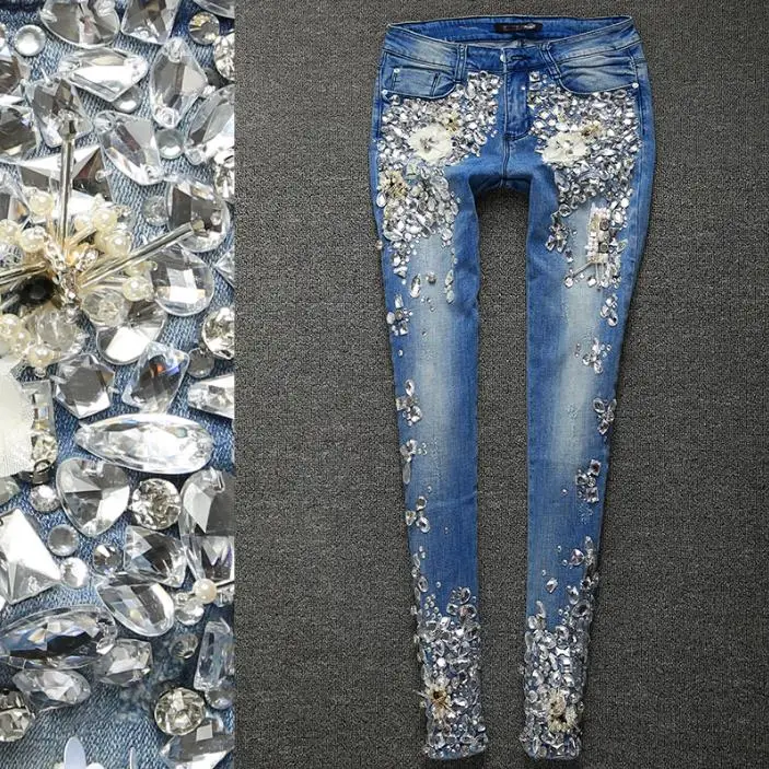 

Брюки-де-бежевый para mujer, vaqueros de lujo con diamantes de imitación, elásticos, ajustados, Винтаж