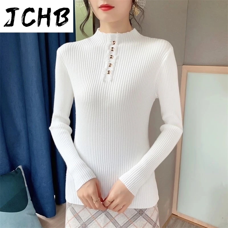 

Button Autumn Half Turtleneck Women Sweaters 2021 New Casual Pullover Long Sleeve Knitted Bottoming Female Slim Jumper Plus Size
