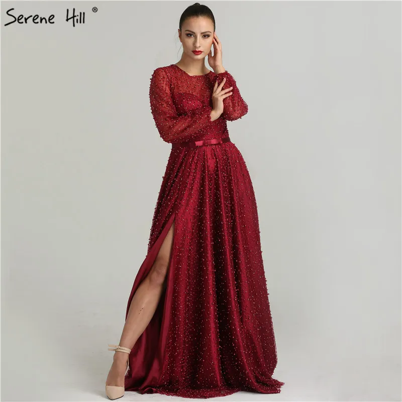 Женское платье для выпускного вечера Бордовое с длинным рукавом и разрезом сбоку