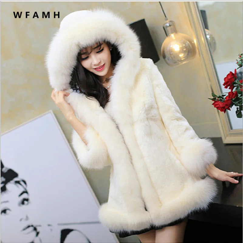 2023 Ms. New Rex Rabbit Fur Hooded Lmitation Fur Korean Mid-Length Long Fox Fur Jacket Women Fashion Wild Cold Warm Slim