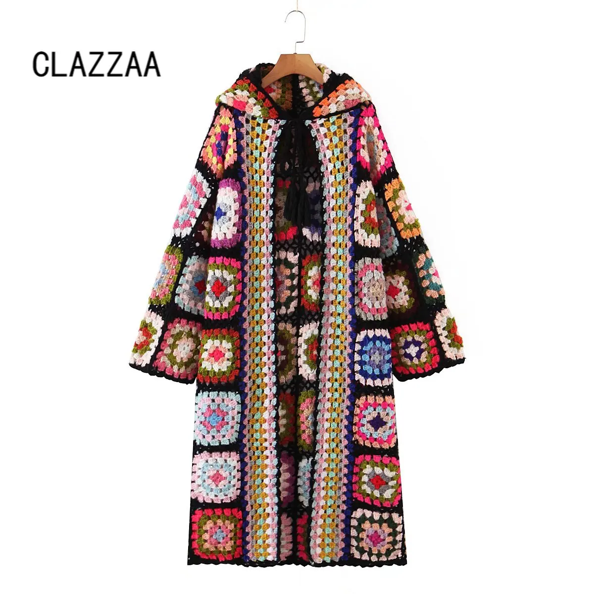

Clazzaa Za Women Fashion Printed Oversized Knitted Long Sweater Vintage Hooded Neck Long Sleeve Female Sweaters Chic Tops
