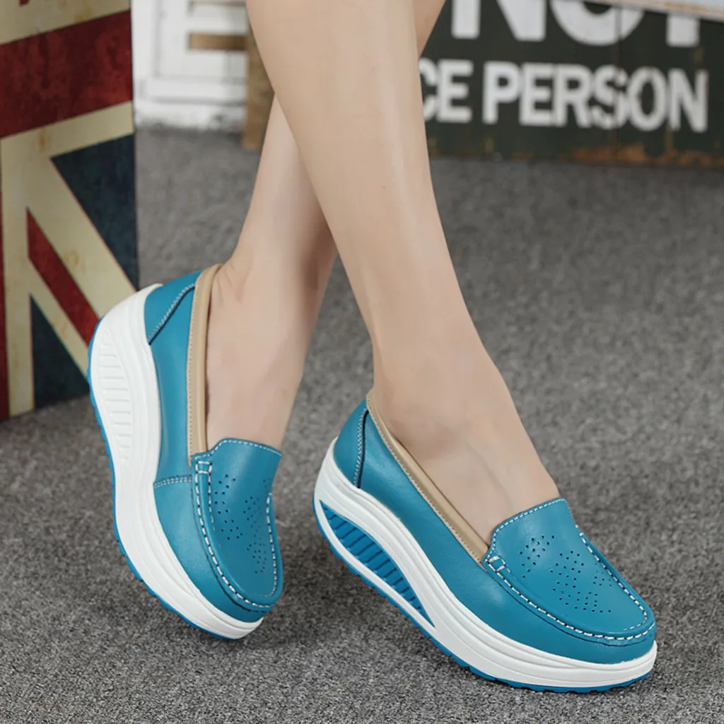 

Women White Breathable Sneakers Slip On Nurse Swing Work Single Shoes Platform Wedges Leather Thick Bottom Shoes Fashion 2021