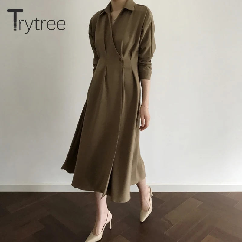 Осень зима 2020 женское Повседневное платье трапеция Trytree с отложным воротником