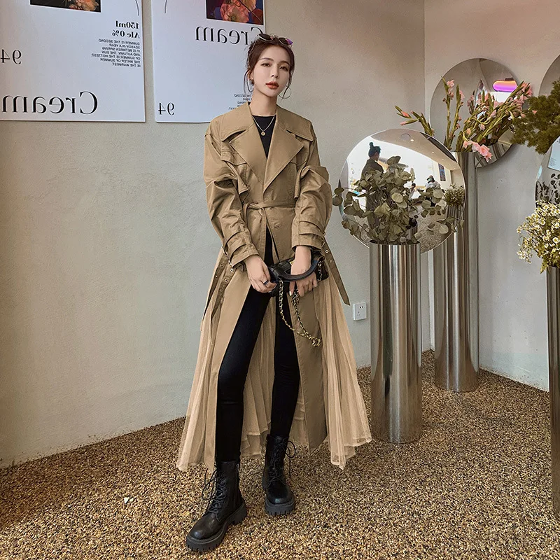 

Женская куртка цвета хаки, ветровка, платье с прострочкой из сетчатой пряжи, повседневный тренчкот на весну и осень, женская модная накидка, дамский плащ