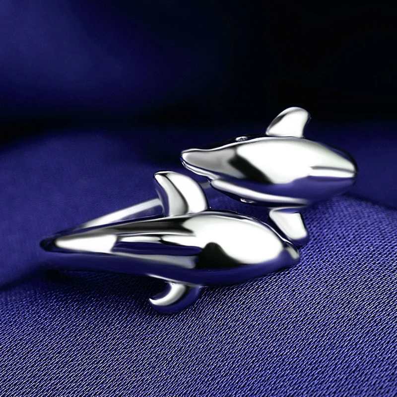 Women's Fashion Double Happy Dolphins Finger Rings Simple Style Smooth Opening Ring Band Romantic Wedding Ring Jewelry Gifts