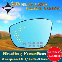 1 pair side view mirror lens for peugeot 308 408 508 12 20 blue glass large view with heating defogging blind spot marquee led