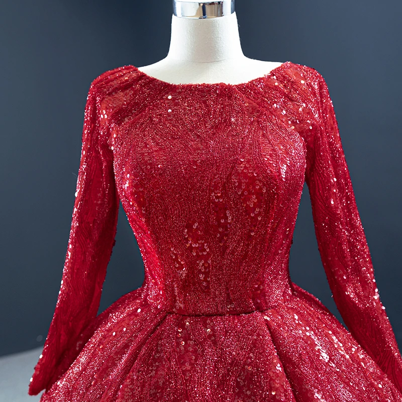 J67121 JANCEMBER Red Elegangt Simple Evening Party Dresses 2021 Sequined Court Train O-Neck Full Sleeve Ball-Gowns