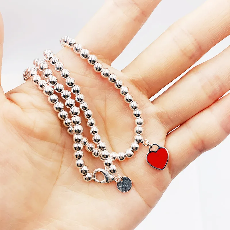 

Original Model 1:1 925 Sterling Silver Heart-Shaped Enamel 4mm Bead Necklace Women Logo Romance Jewelry Hot Sell Valentine Gif