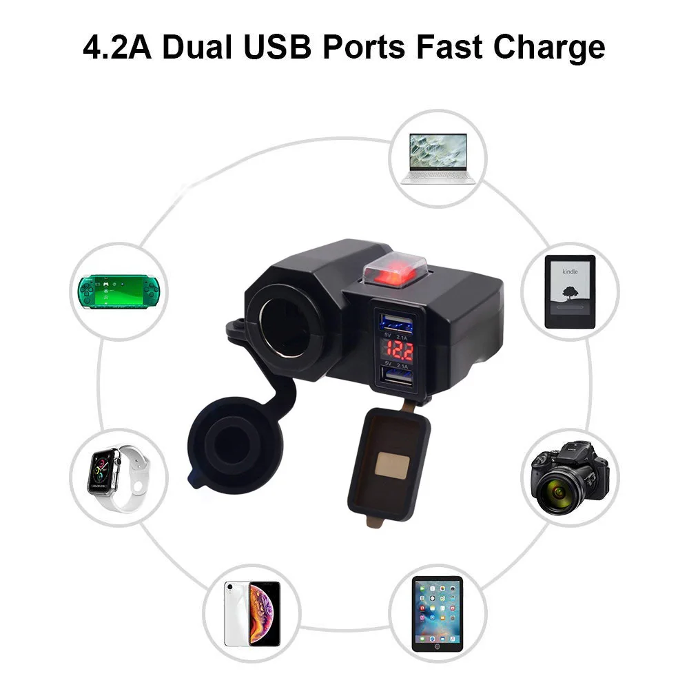 LYKAS мотоцикл двойной USB зарядное устройство прикуриватель со светодиодным Вольтметр дисплей Водонепроницаемый Руль адаптер питания