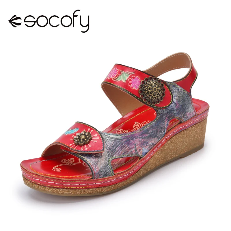 

Socofy Retro Ethnic Floral Print Splicing Leather Wedges Adjustable Hook Loop Comfy Sandals Women's Leather Shoes Wedges Sandals