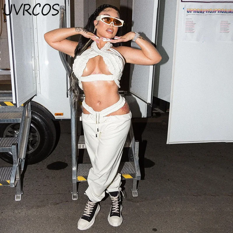 

Autumn Bright Faux Leather Women Casual Drawstring Pants High Waist Cut Hollow Out PU Trousers Female Loose Streetwear Capris