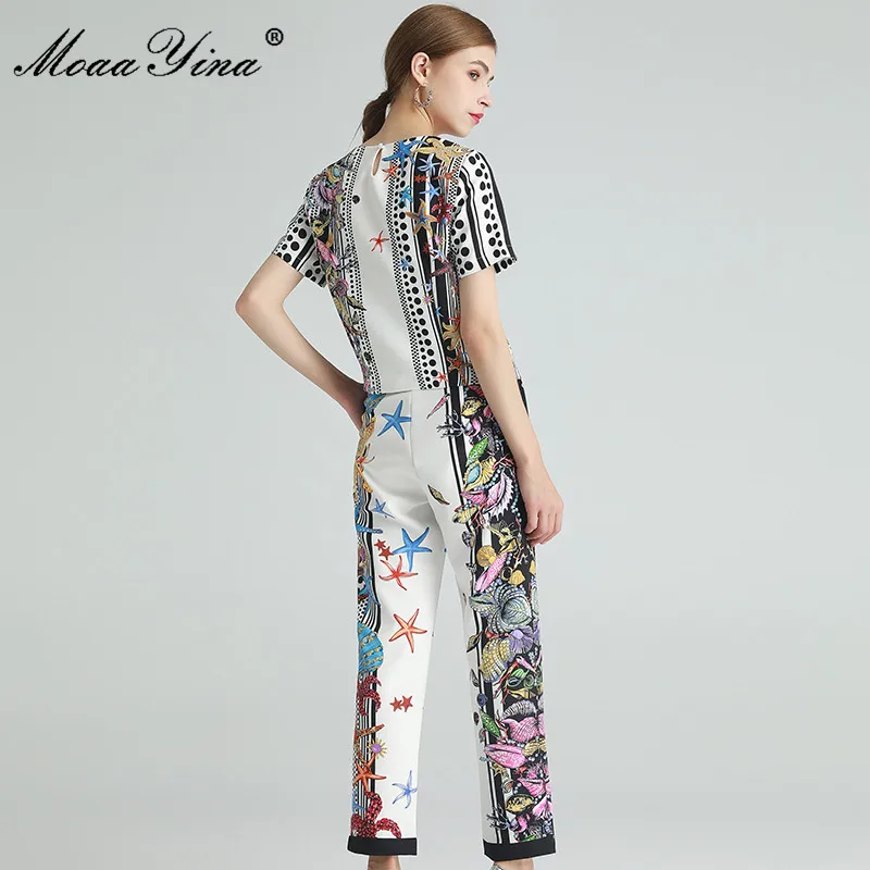 

MoaaYina Fashion Set Summer Women's Short sleeve Beaded Conch Shell Starfish Dots Print Tops+Trousers Two-piece set