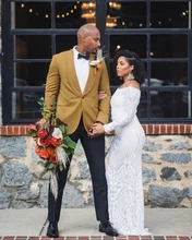 2 pçs conjuntos de ternos masculinos xale lapela casaco masculino feito sob encomenda amarelo blazer preto calças dos padrinhos festa de casamento vestir jaqueta + calças (1)