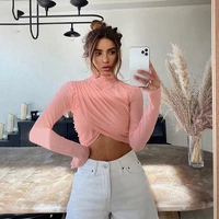 2021 fashion sexy patchwork up long sleeve crop tops women ribbed streets sexy party t shirt bodycon club tie front top tees