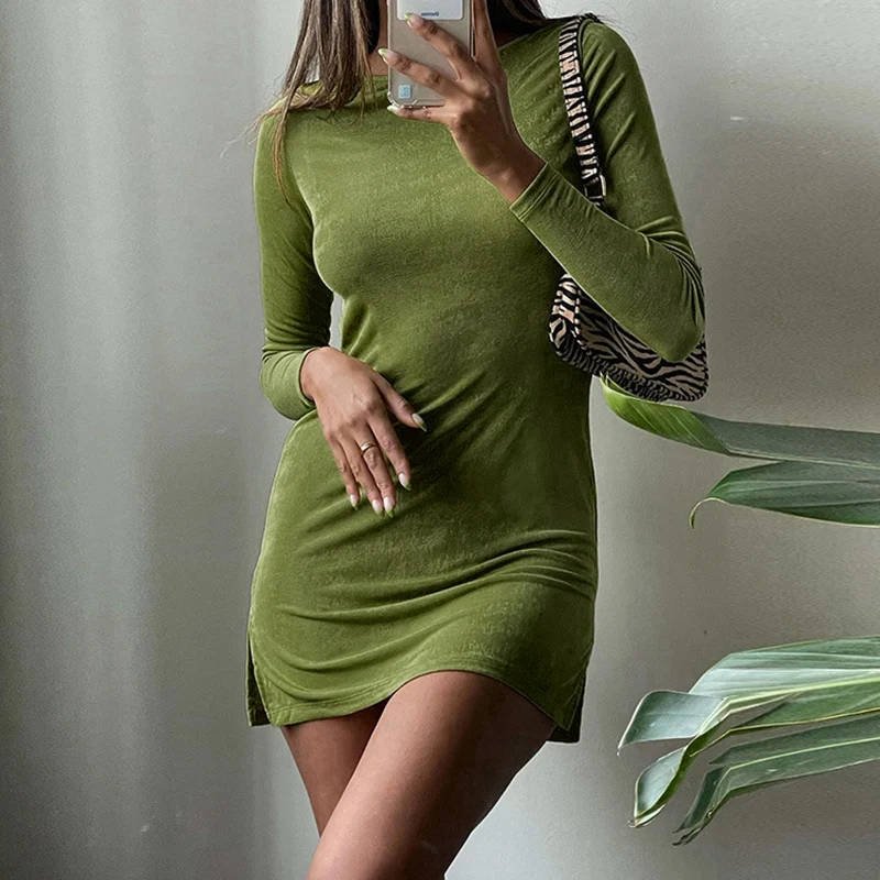 

Fashion Long Sleeve Autumn Split Dress For Women Club Party Elegant Tie Up Sexy Backless Mini Dresses