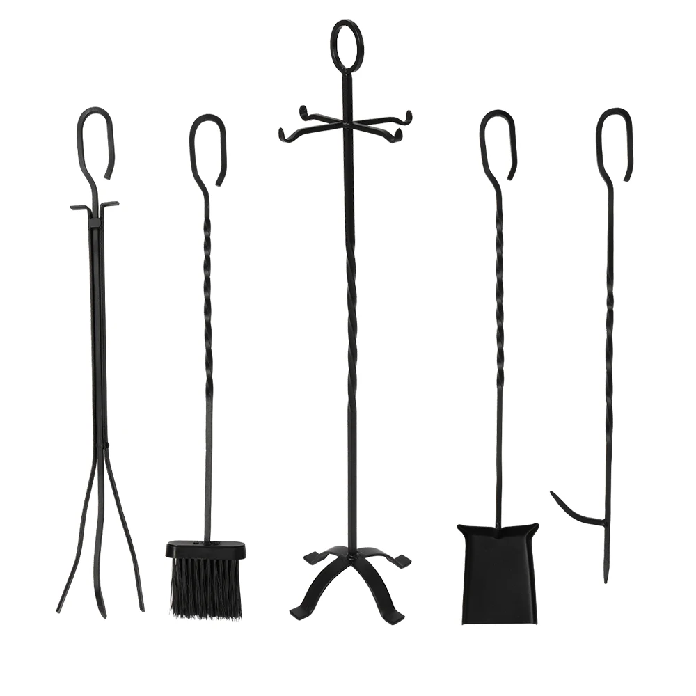 5 In 1 Fireplace Stove Tool Set Flat Iron Cross Base Includes Brushes Shovels Pliers and Poker[US-Stock]