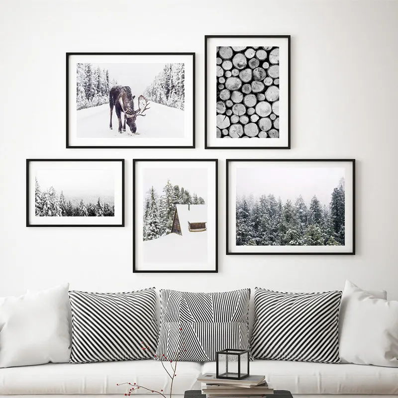 Moose in Snow картина зимняя елка плакат настенный Арт холст деревенский
