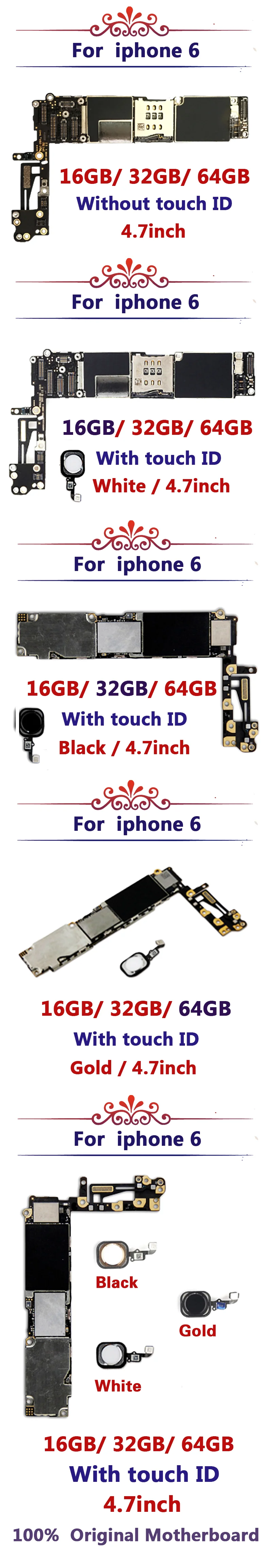 Оригинальная разблокированная материнская плата для iphone 6 с сенсорным ID/без Touch ID, для iphone 6 логические платы, 16 ГБ/32 ГБ/64 ГБ