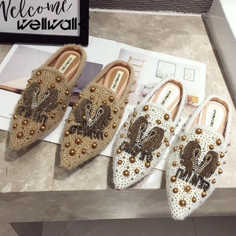 Меховые шлепанцы женская зимняя домашняя обувь заклепки из горного хрусталя