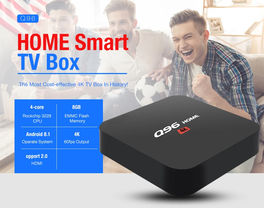 Q96 Умный домашний ТВ-бокс на Rockchip 3229 Android 8,1 1 ГБ ОЗУ 8 ГБ EMMC 2,4 ГГц WiFi 100 Мбит/с H.264 H.265 телеприставка поддерживает 4K 60fps