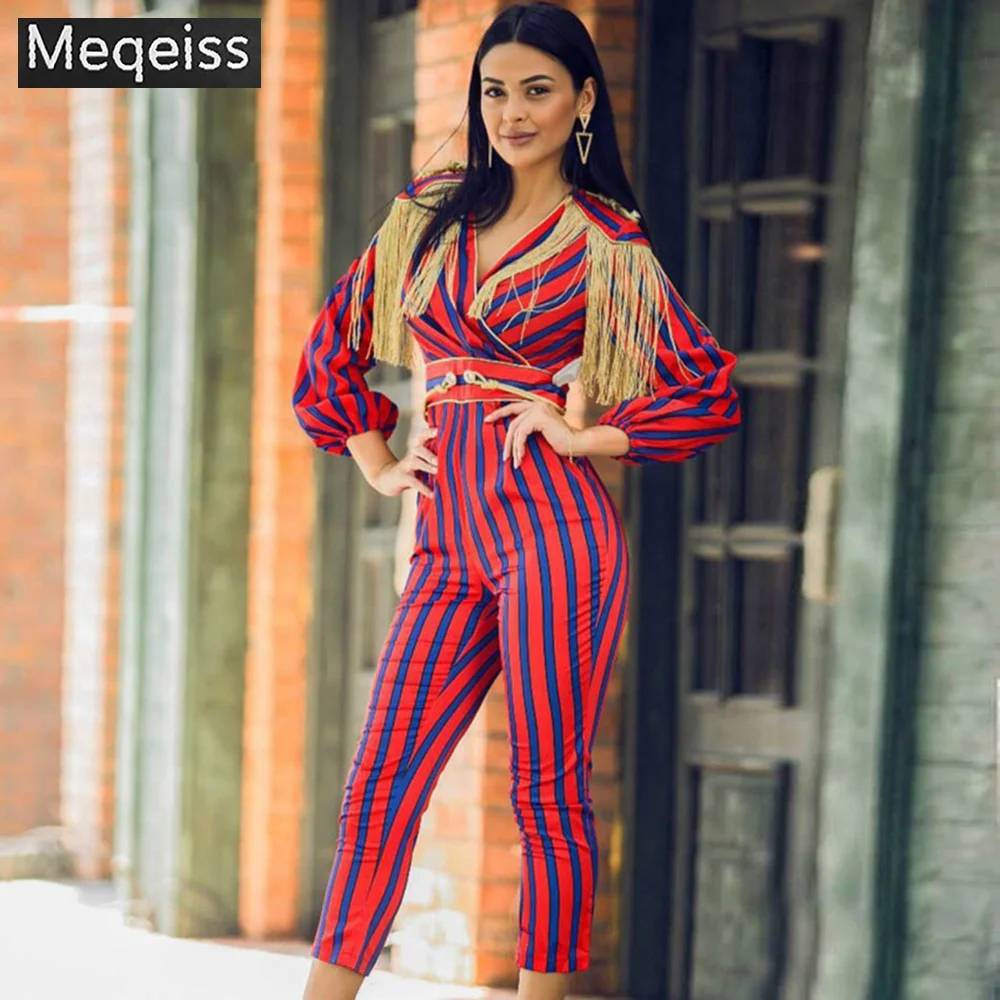 Meqeiss подиумный комбинезон с бахромой для женщин вечерние комбинезоны знаменитостей с длинным рукавом красный синий полосатый комбинезон с кисточками боди