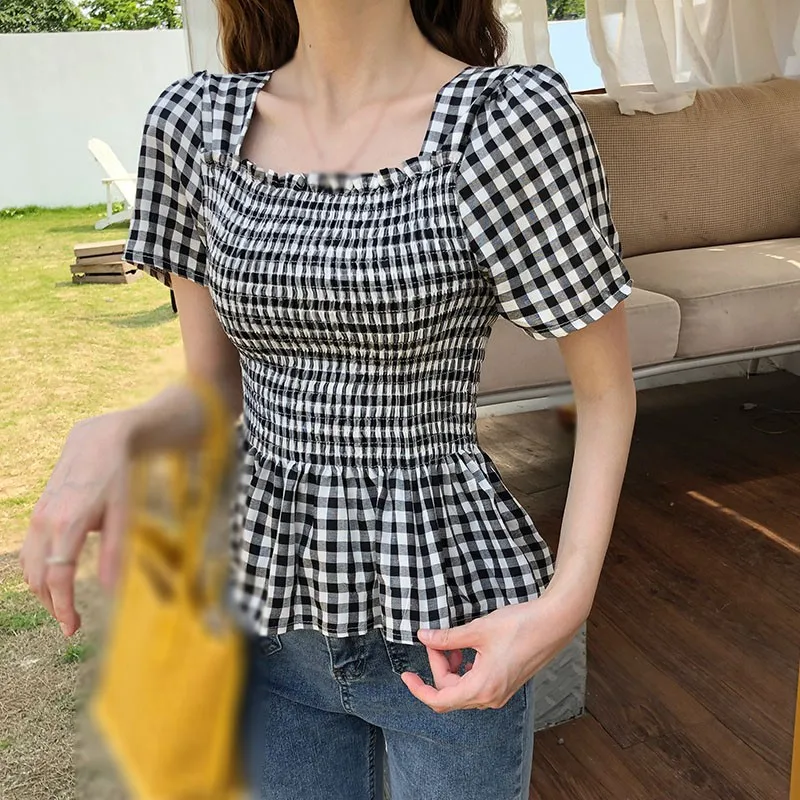 

Women Sexy Short Sleeve Plaid Printed Short Sleeve Shirt Blouse Tops Womens Clothing Dropshipping Blouse