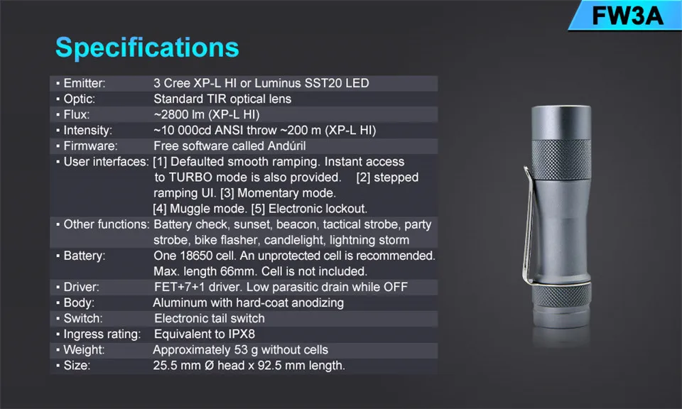 LuminTop FW3A 3 шт. Cree XPL HI светодиодный s электронный задний переключатель Тактический стробоскоп подсвечник светодиодный фонарь рекомендуемый аккумулятор 18650